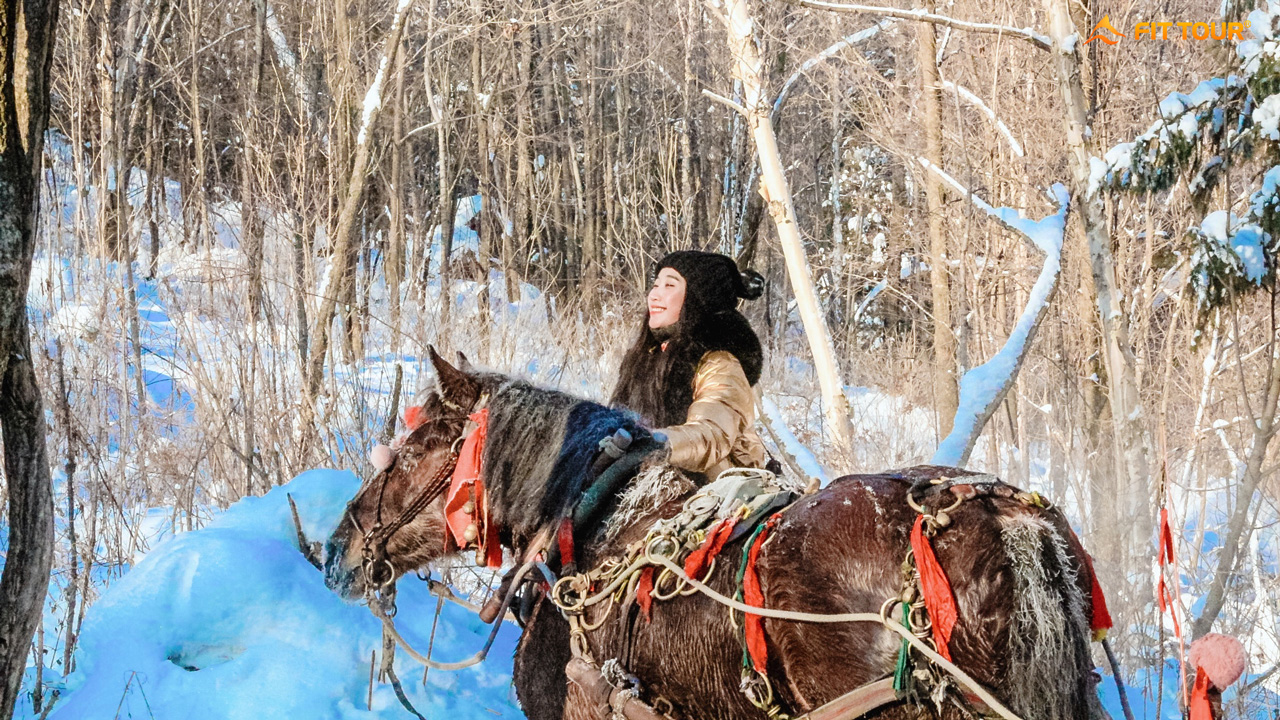 Du khách chụp ảnh cùng xe ngựa kéo truyền thống giữa đường tuyết tại China Snow Town